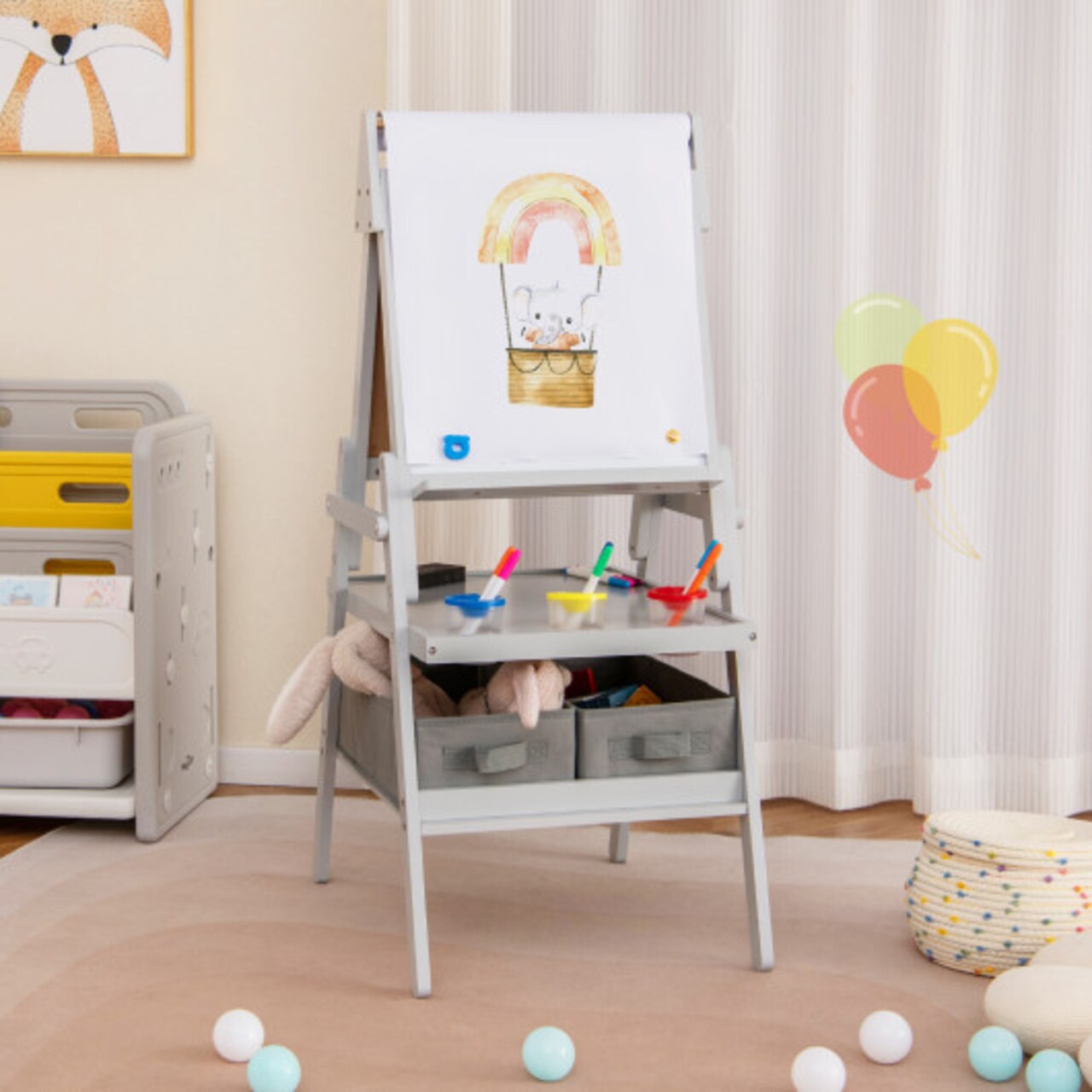 Grey 3-in-1 Kids Art Easel with Magnetic Chalkboard and Whiteboard Perfect Gift for Boys and Girls